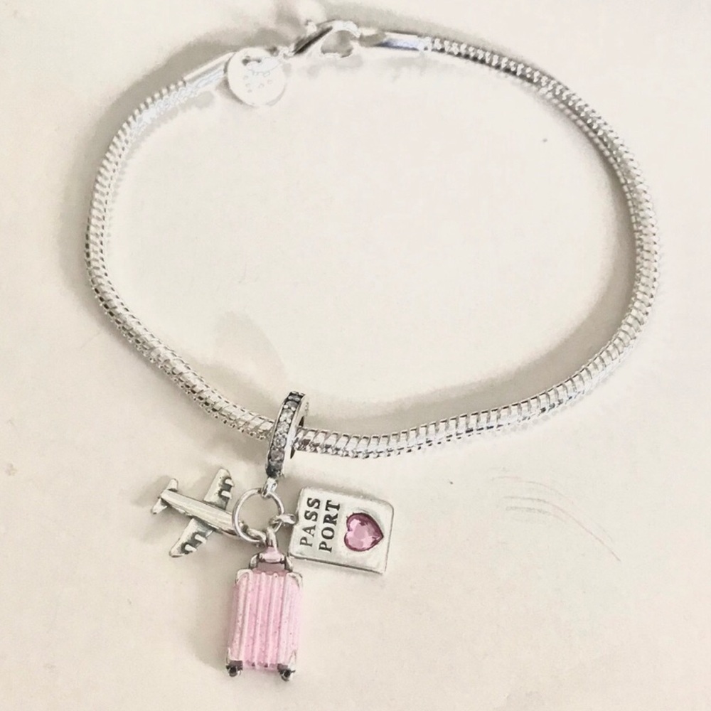 Sterling Silver Travel Charm Bracelet with Pink Luggage and Passport Charms
